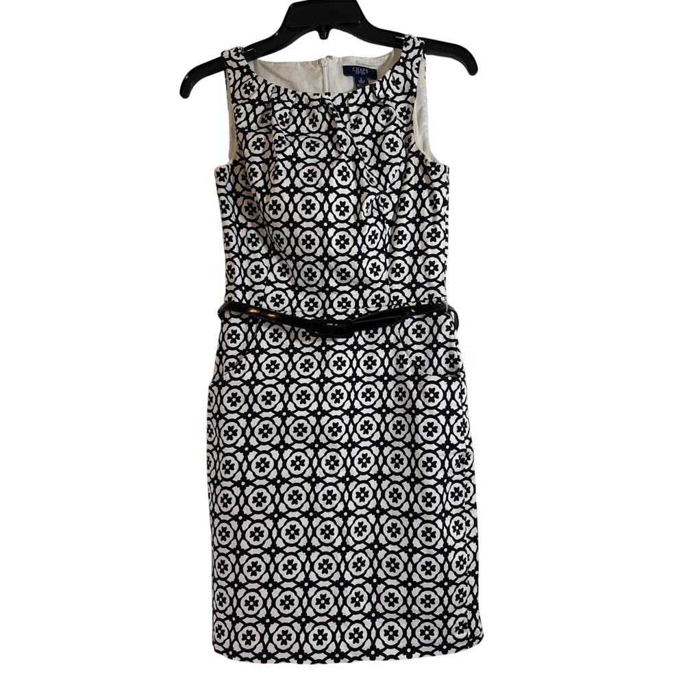 Chaps Size 2 97% Cotton Black & White Floral Belted Dress Pockets, Hidden Zipper